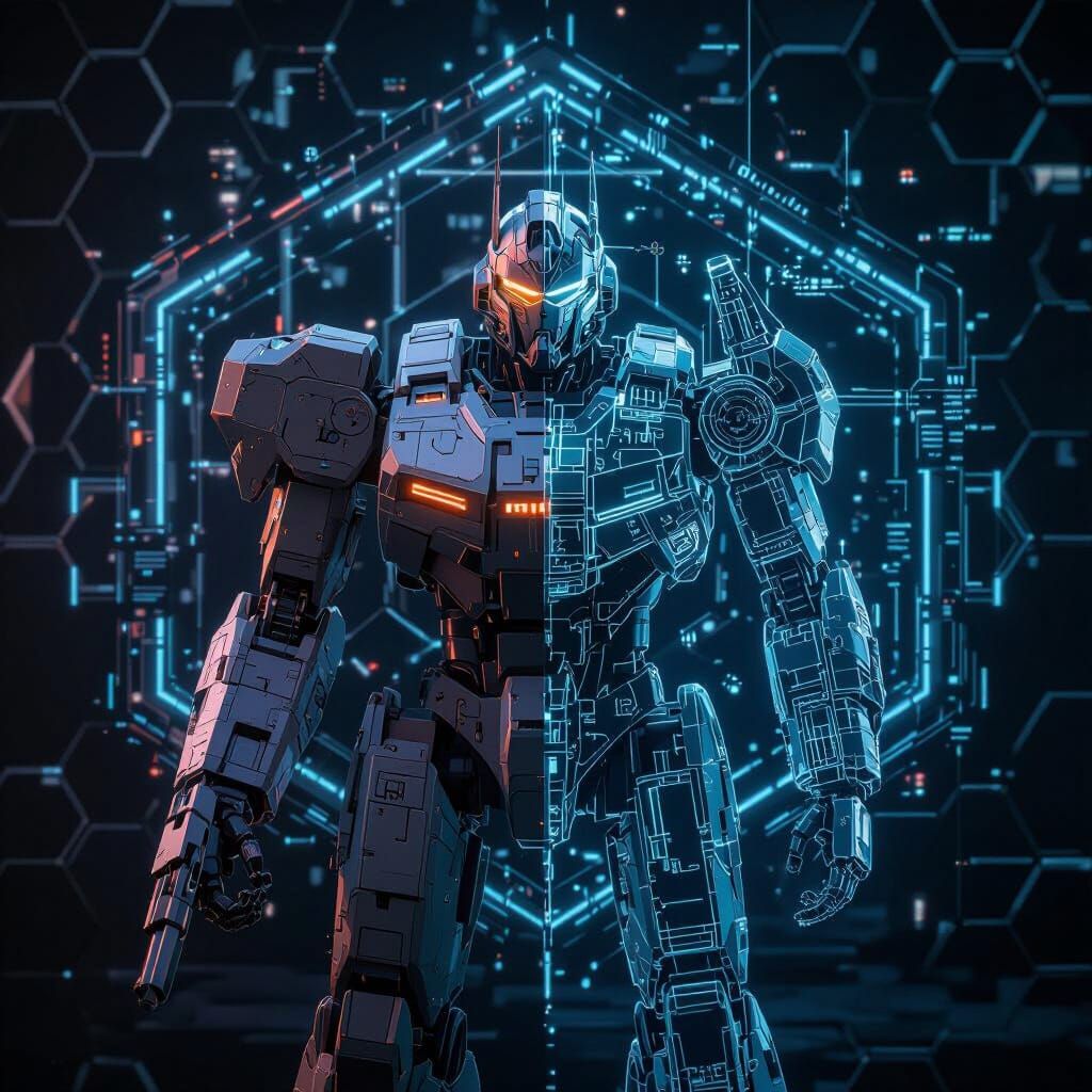 Giant Battle-Mech with Cybernetic Blueprint in Sci-Fi Style