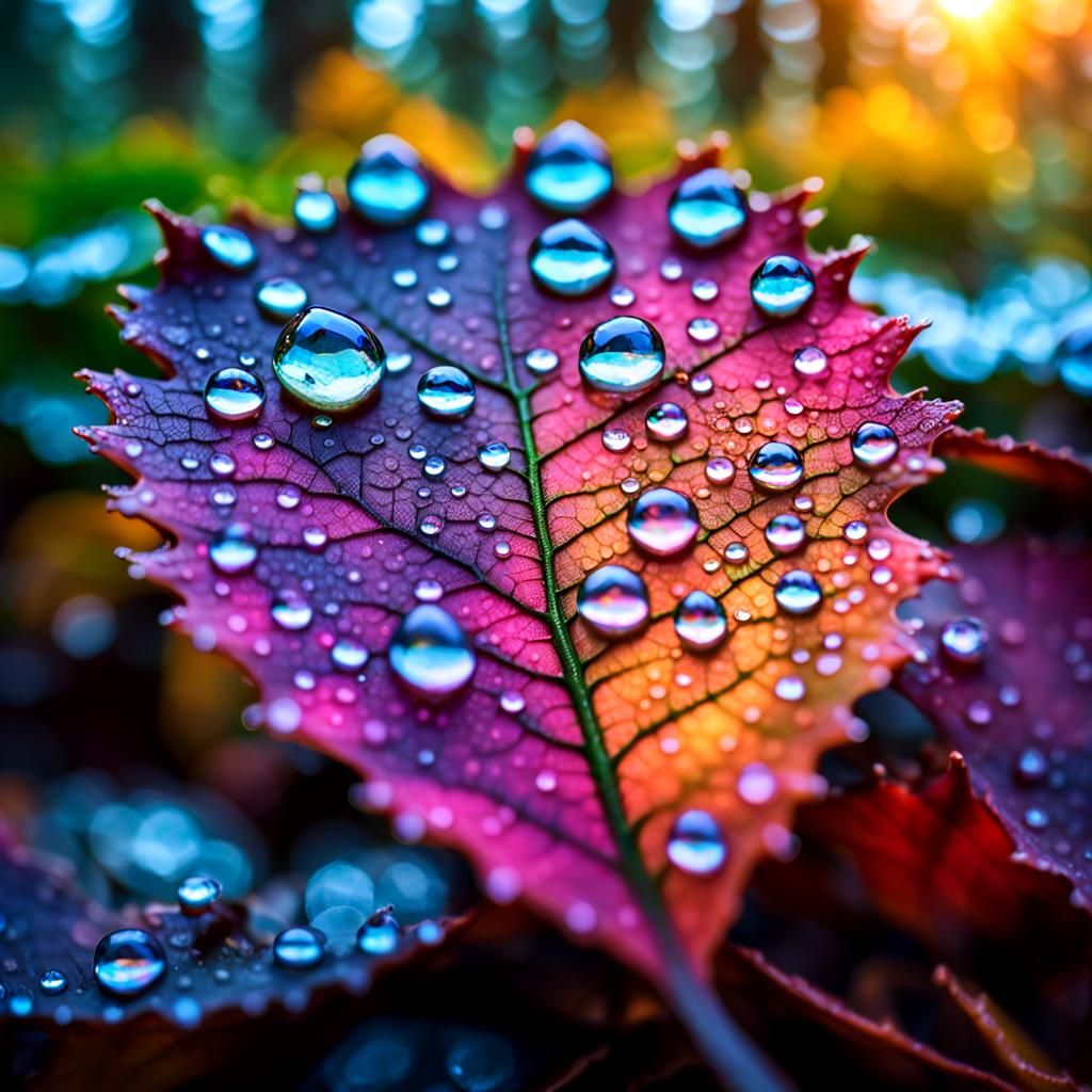 Iridescent Dewdrops on Colorful Leaf: Macro Photography