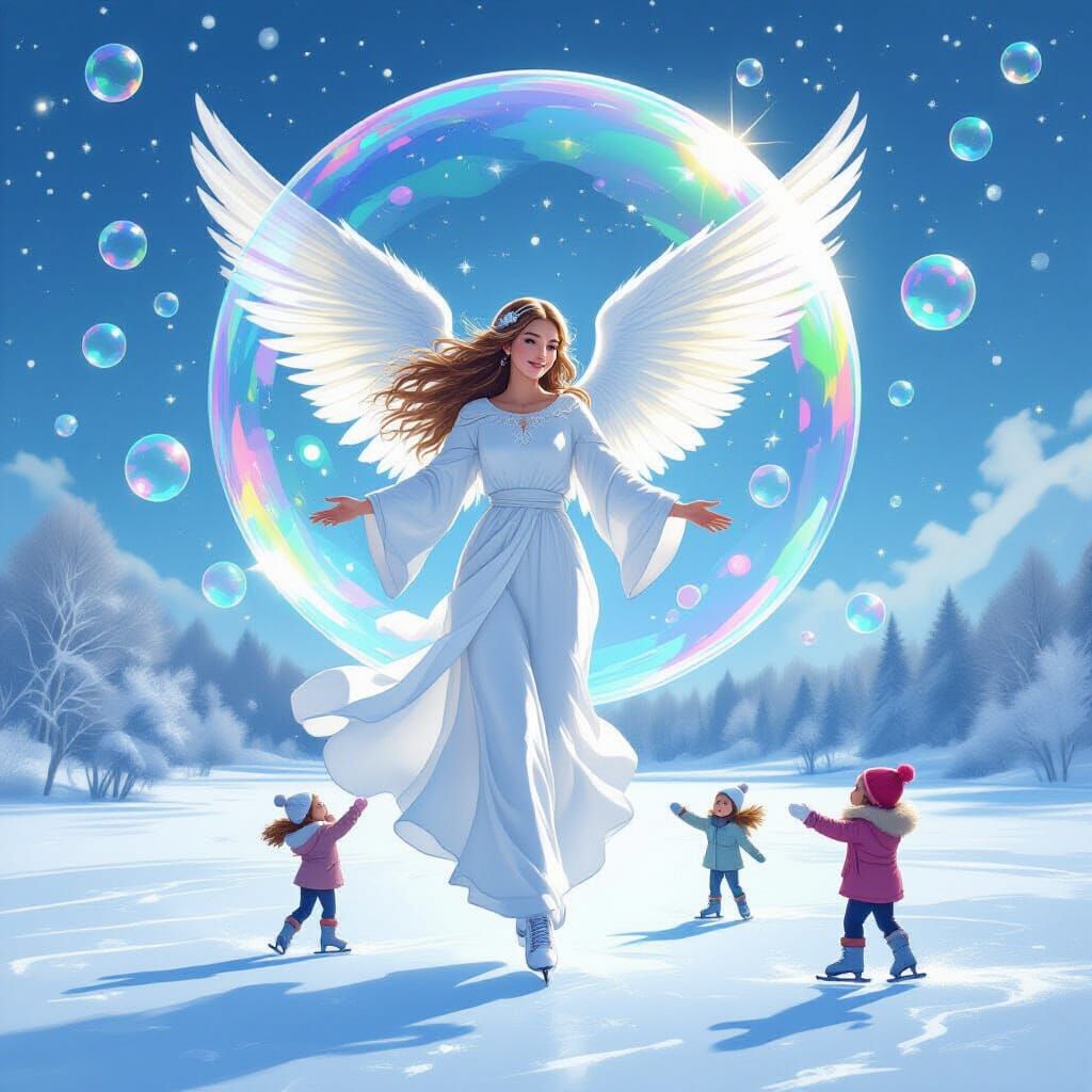 Guardian Angel Over Winter Landscape in Whimsical Style