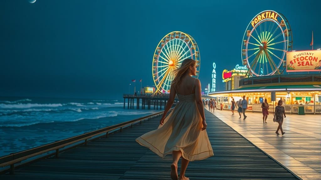 Summer Night Boardwalk Scene in Impressionist Style