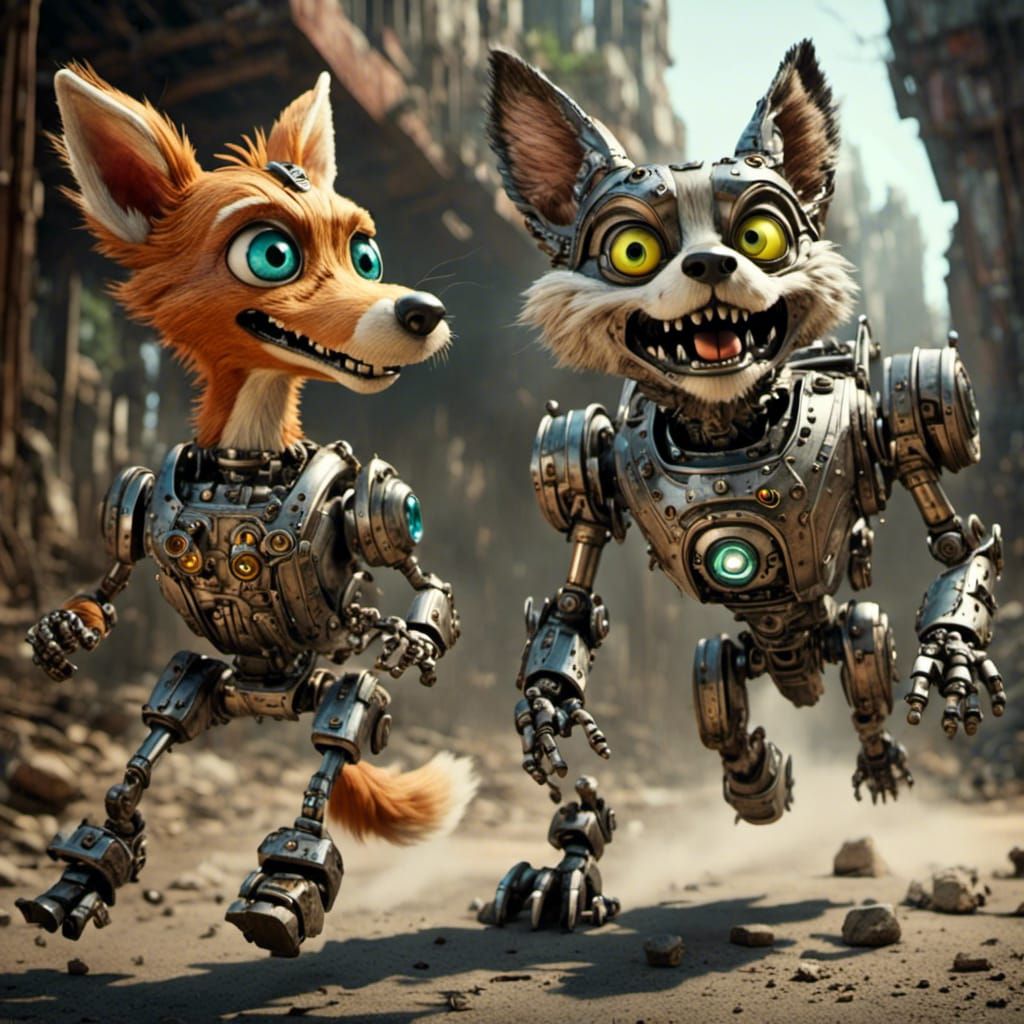 <lora:Android:1.0> Robotic Wylie coyote and roadrunner chasing each other