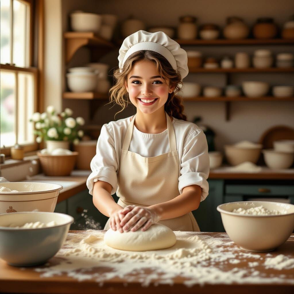 Joyful Baker Kneading Dough in Folk Art Style