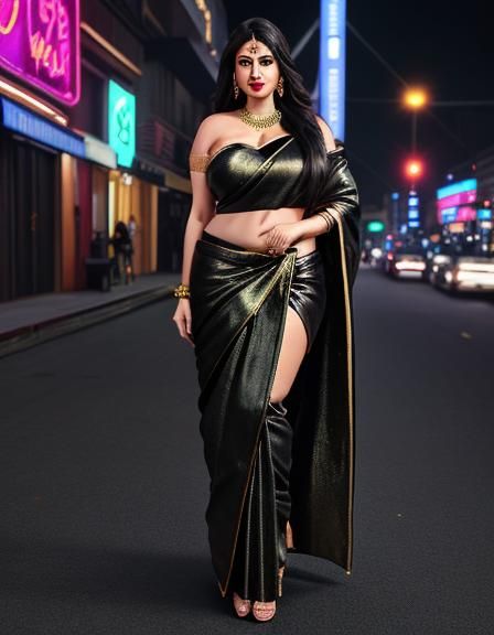 Curvy Woman in Glitter Saree in Neon City