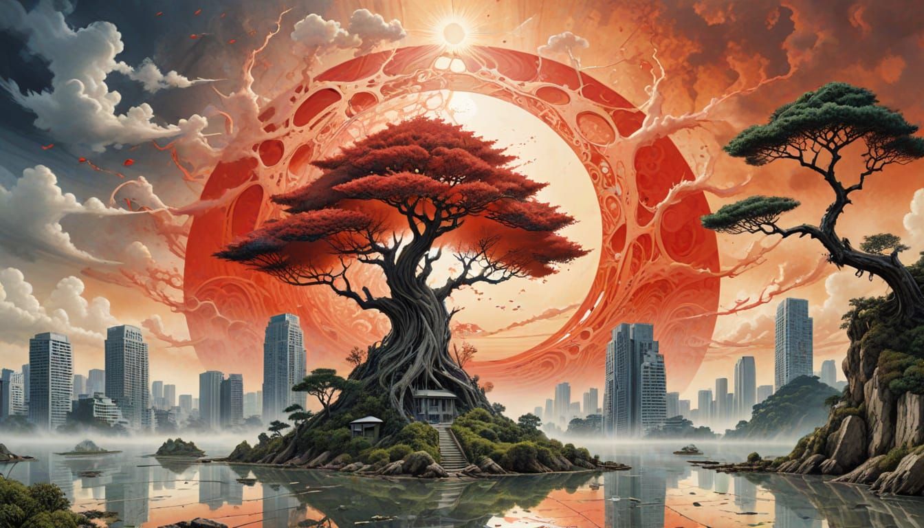 Surreal Landscape with Buildings and Red Sun