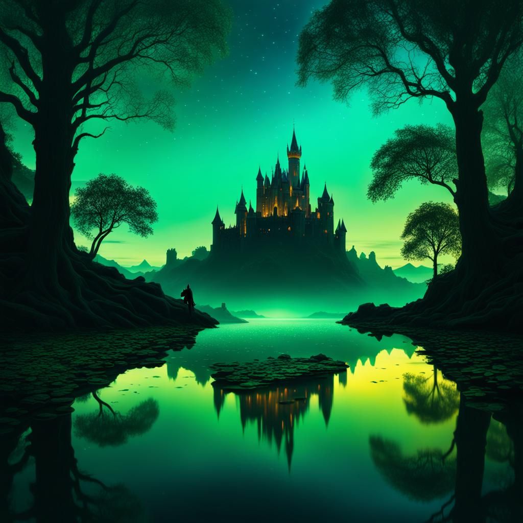 Epic Castle Silhouette with Bioluminescent Leaves