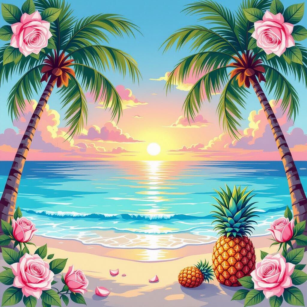 Vivid Tropical Sunset Over Calm Sea with Palm Trees and Pine...