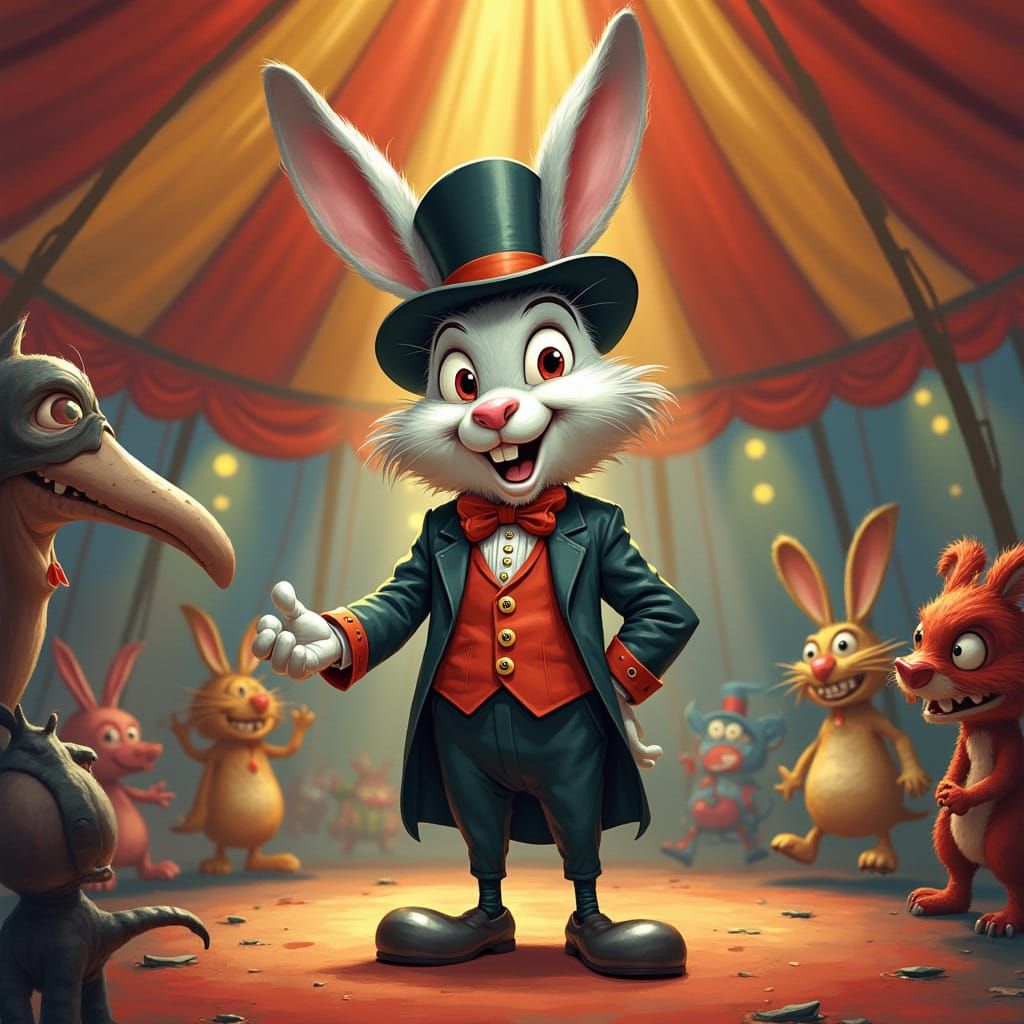 Rabbit Ringmaster in Surreal Circus Tent, Cartoon Style