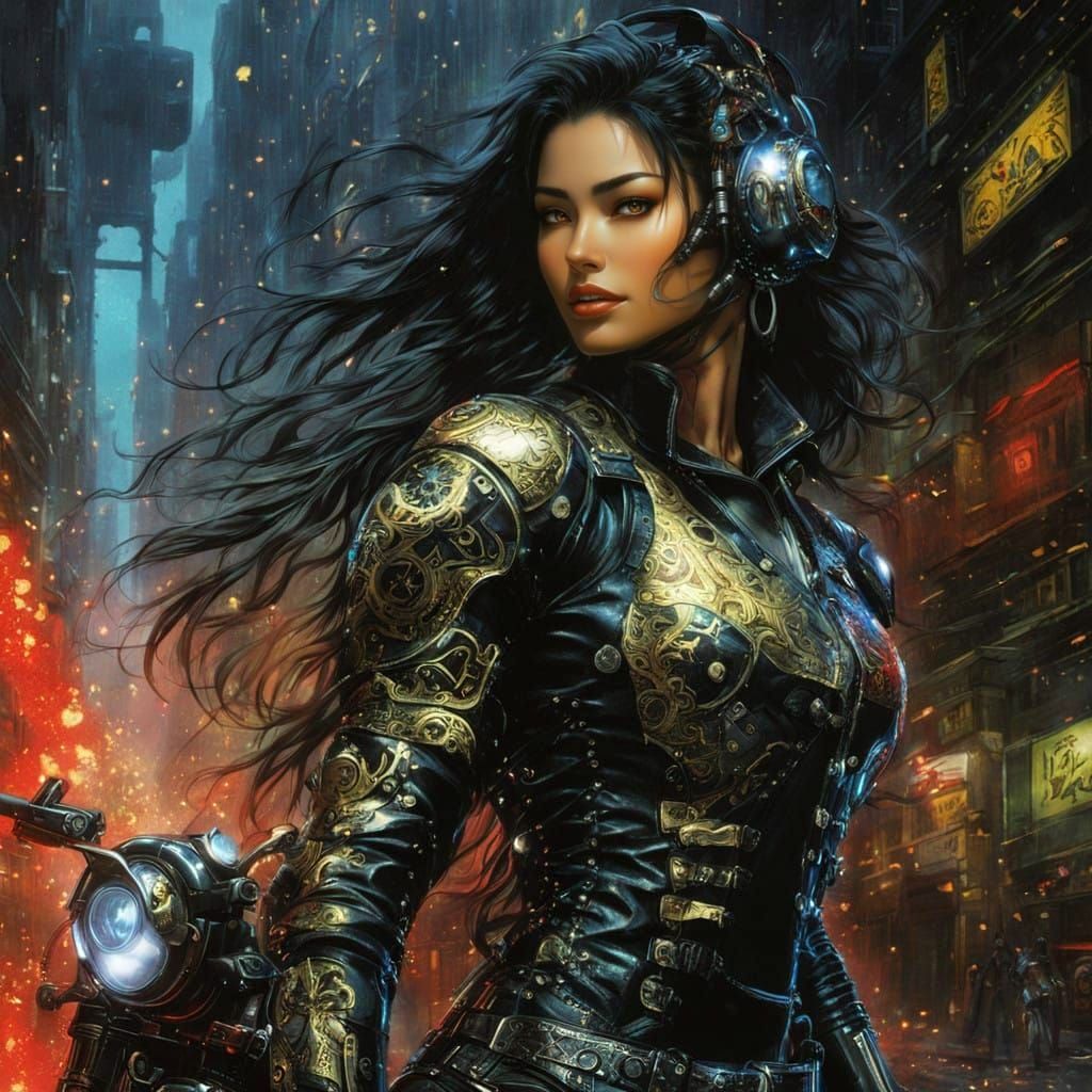 Cyberpunk Biker Woman Speeds Through Rainy City Streets
