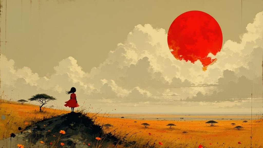 Girl Contemplates Apocalypse Under Red Sun