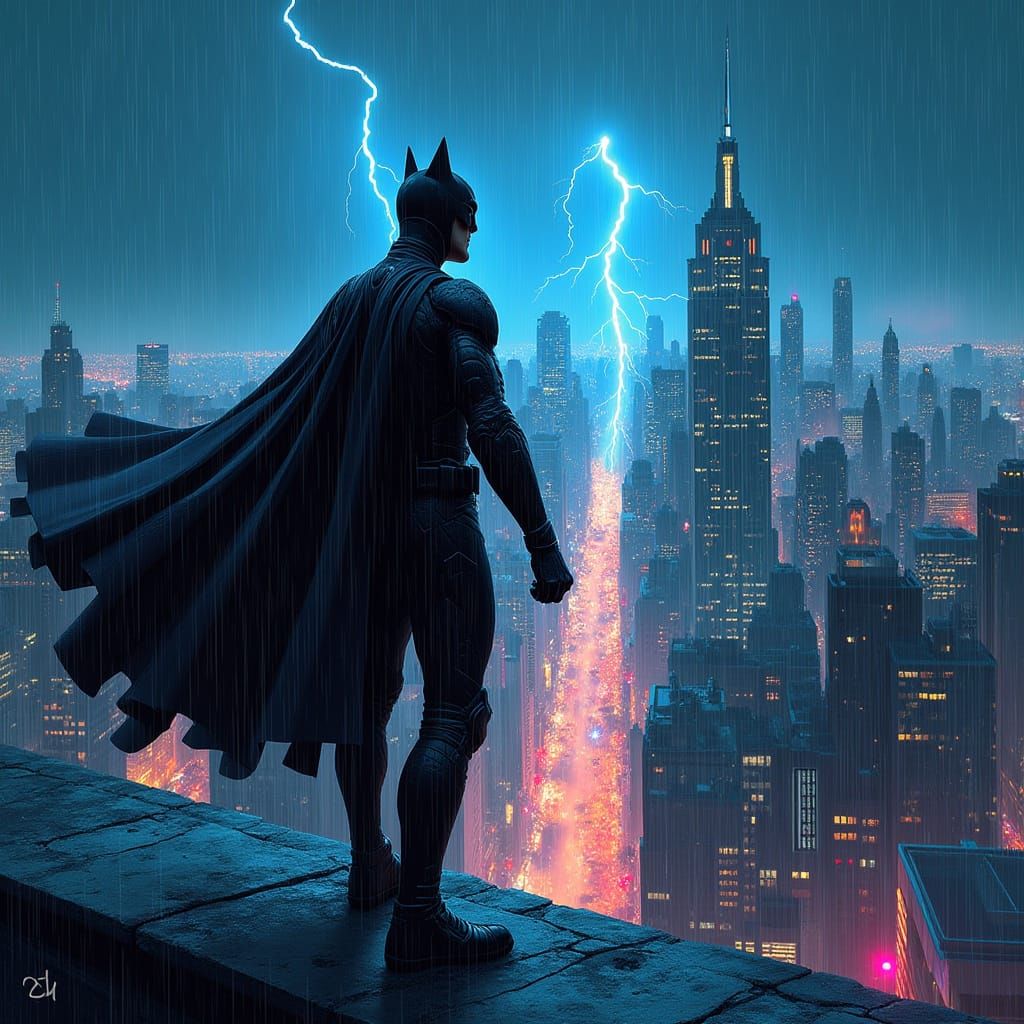 Heroic Superhero Stands Tall in Neon-Lit Gotham City