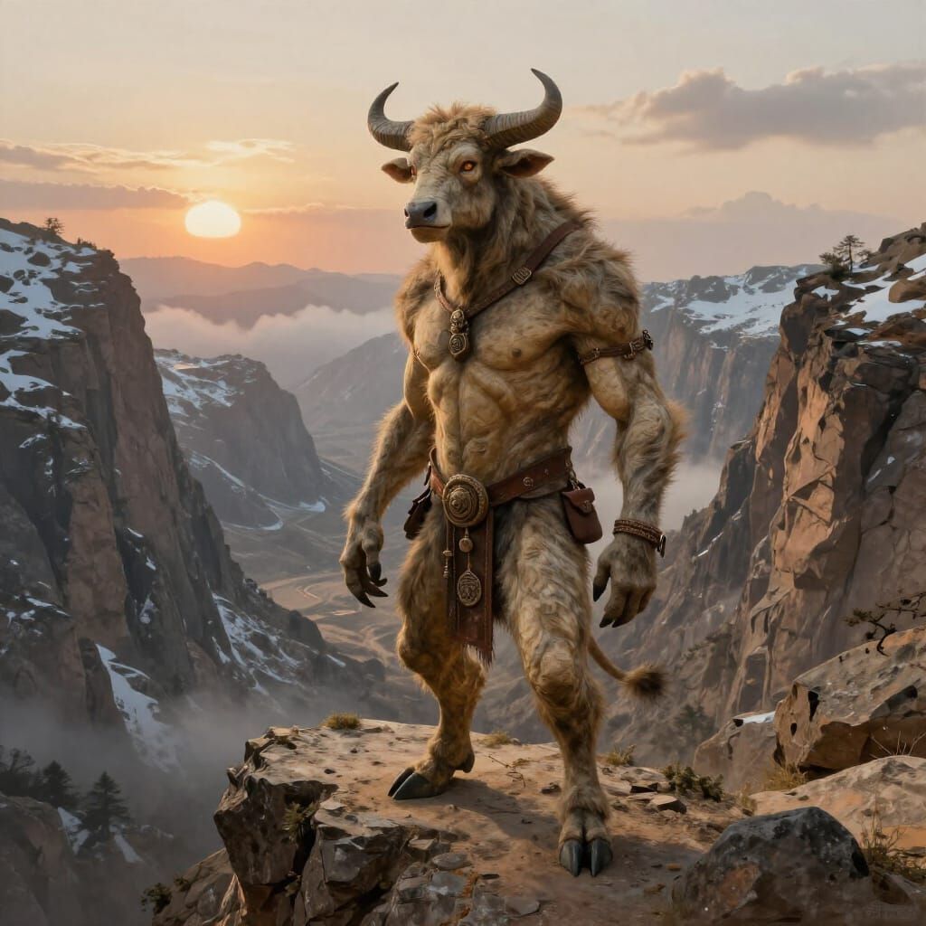 Yak-Man Predator on Mountain Ledge in Dark Fantasy Style