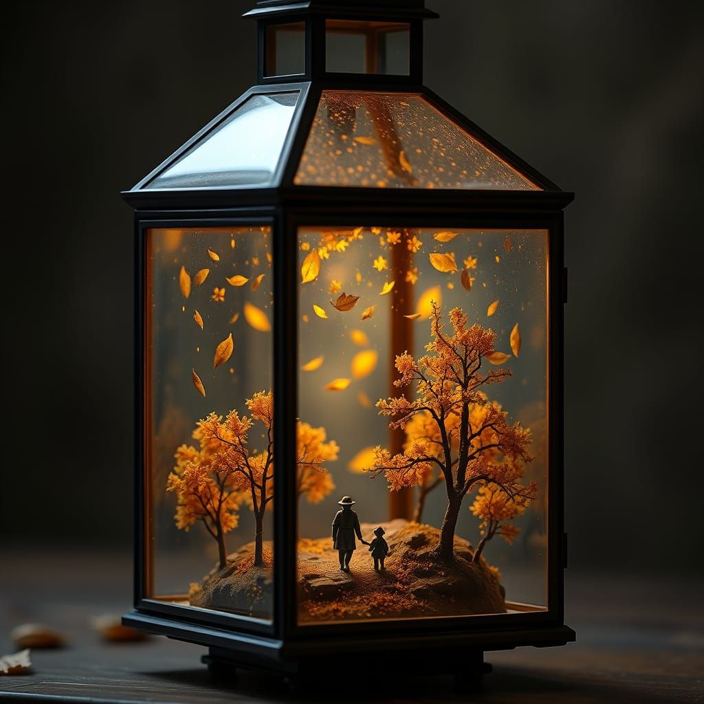 Antique Lantern with Autumn Landscape Inside, Dutch Golden A...