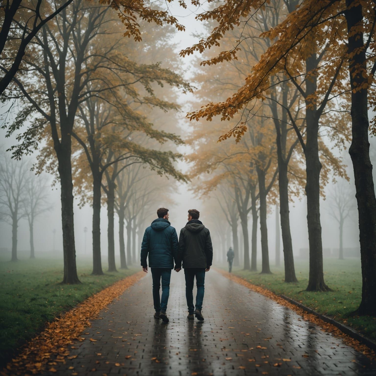 Men Walking Hand in Hand on Foggy Day