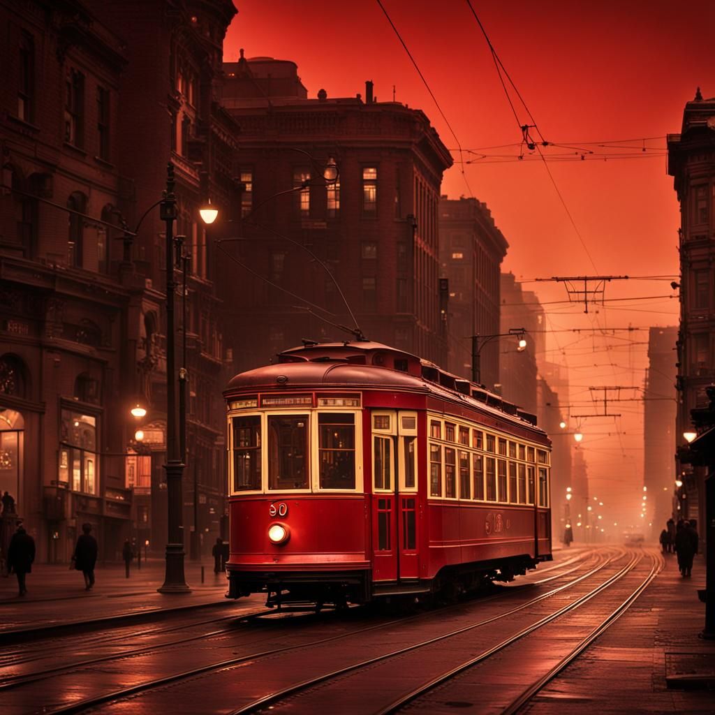 Vintage Streetcar at Dusk in Glowing Cityscape