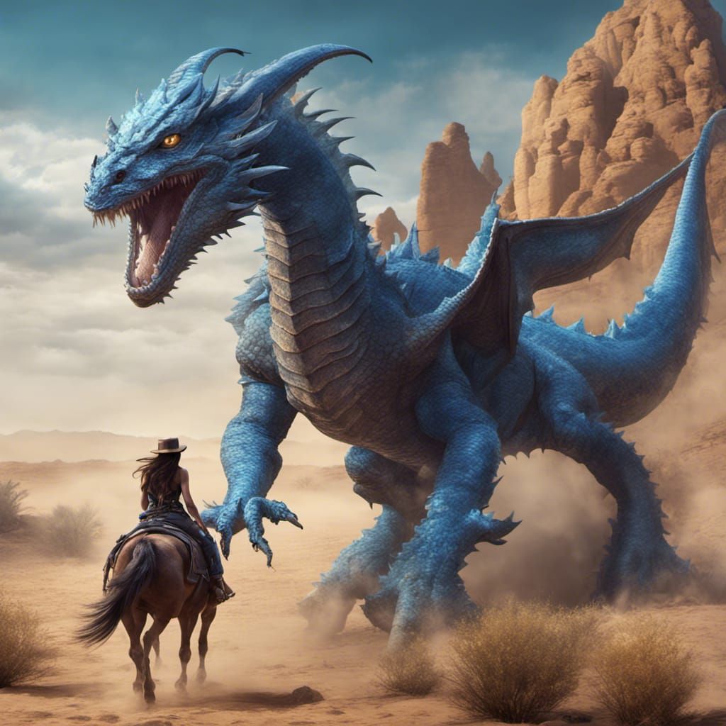 Cowgirl on Blue Dragon Facing Desert Worm