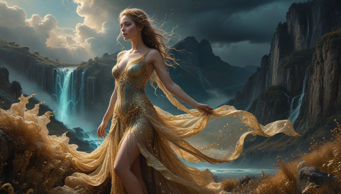 Goddess of Rain in Flowing Silk and Chiffon