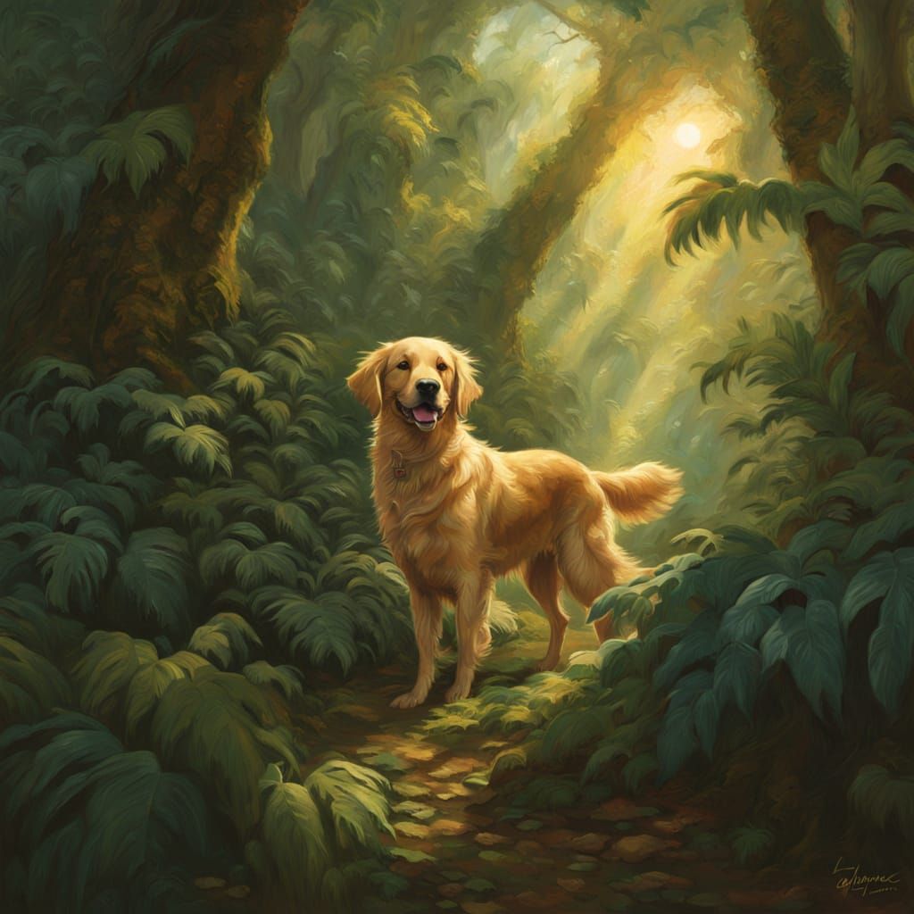 Golden Retriever in Lush Jungle Oil Painting