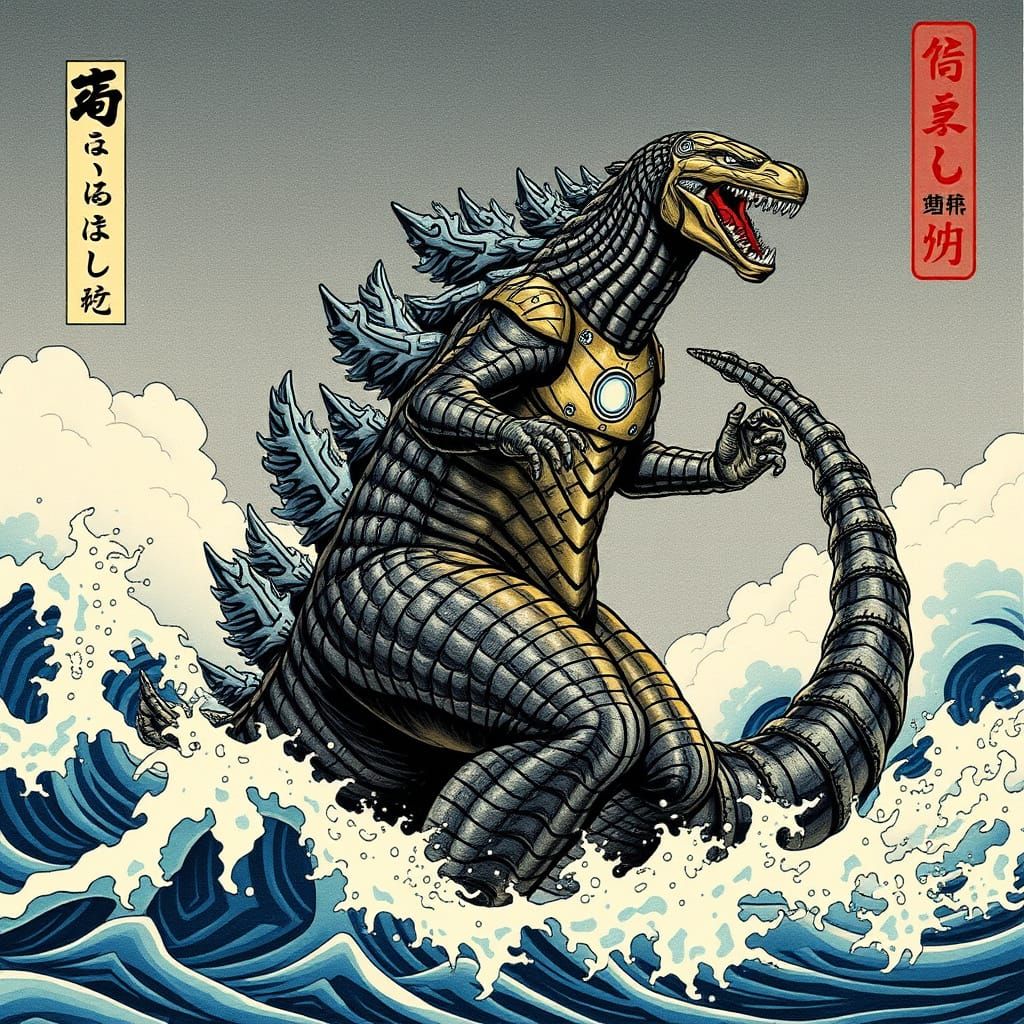 Godzilla Wears Iron Man Suit in Turbulent Ocean