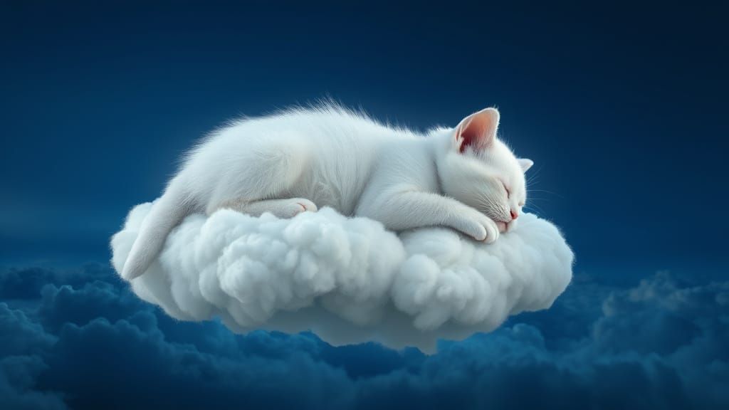 Kitten Sleeping on Cloud in Ethereal Night Sky