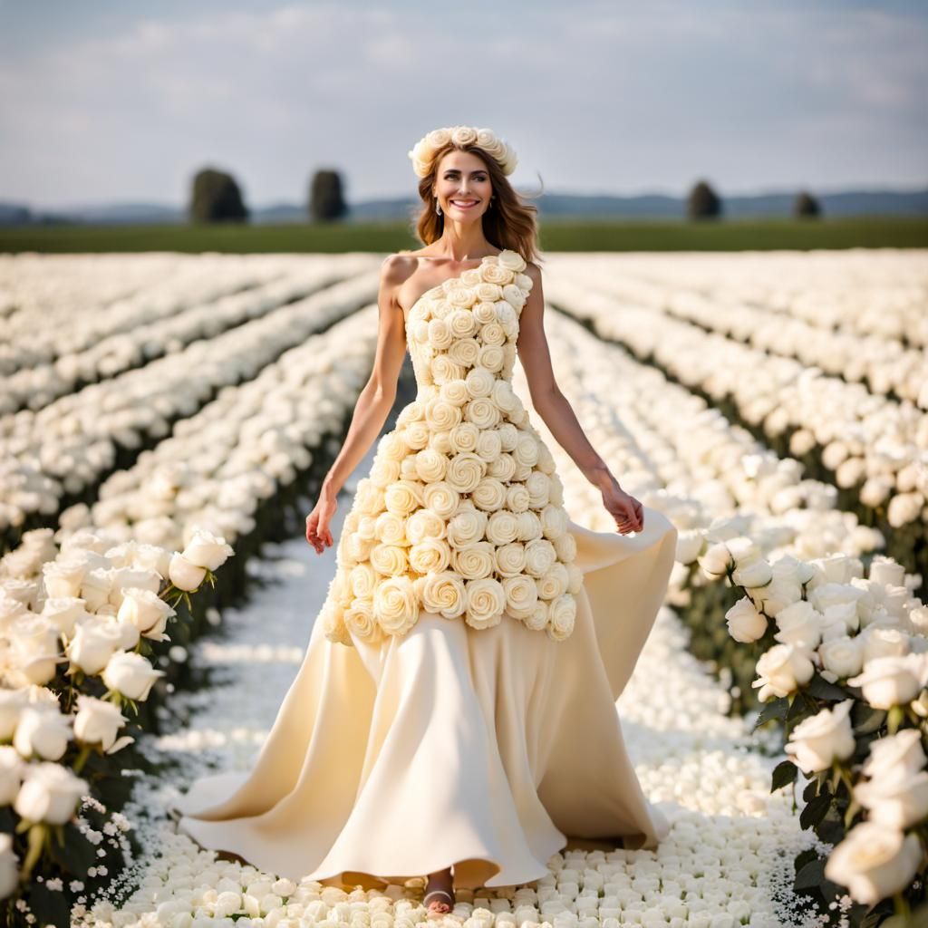 Girl in Chocolate Dress Among White Roses