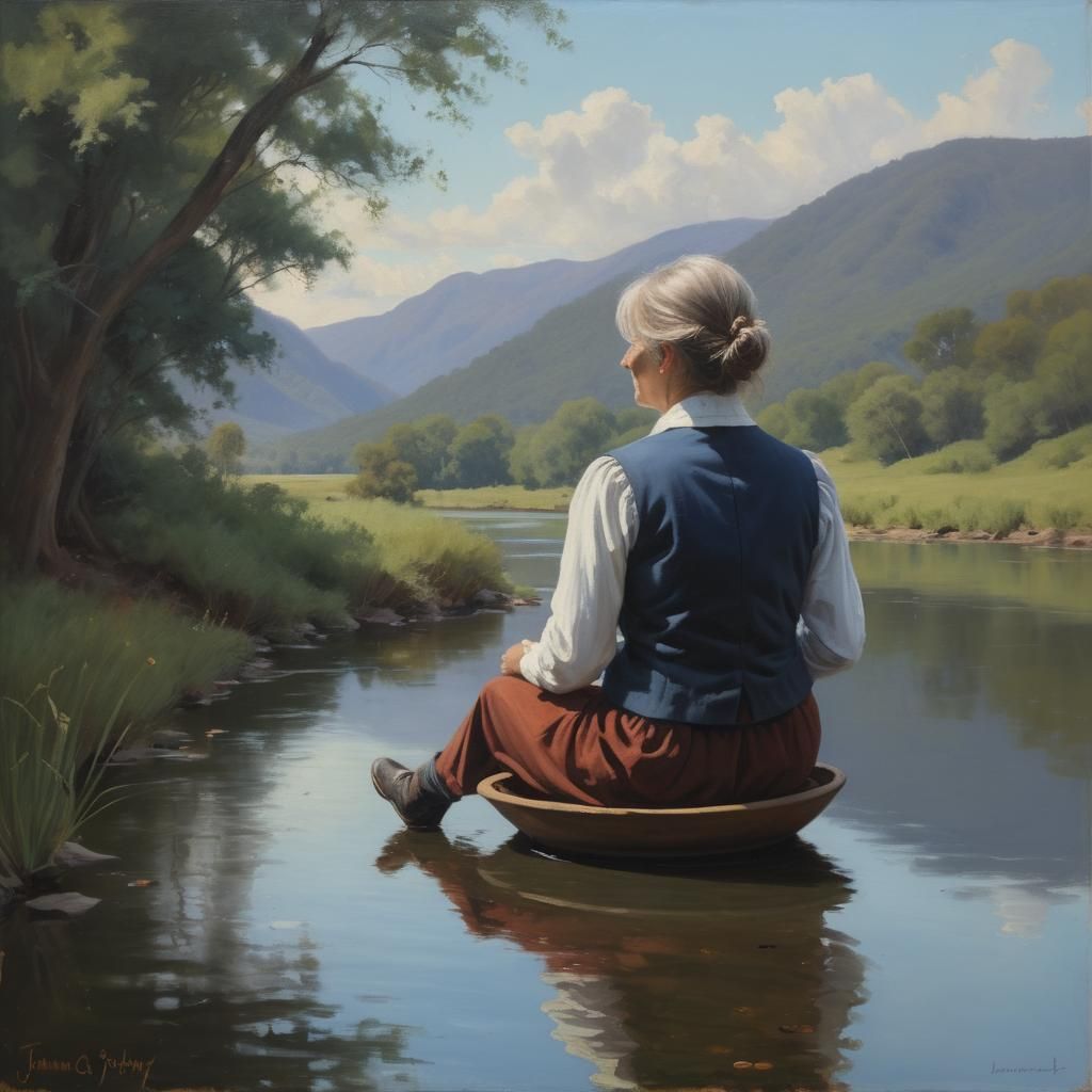 Woman Relaxing by River in Oil Painting Style