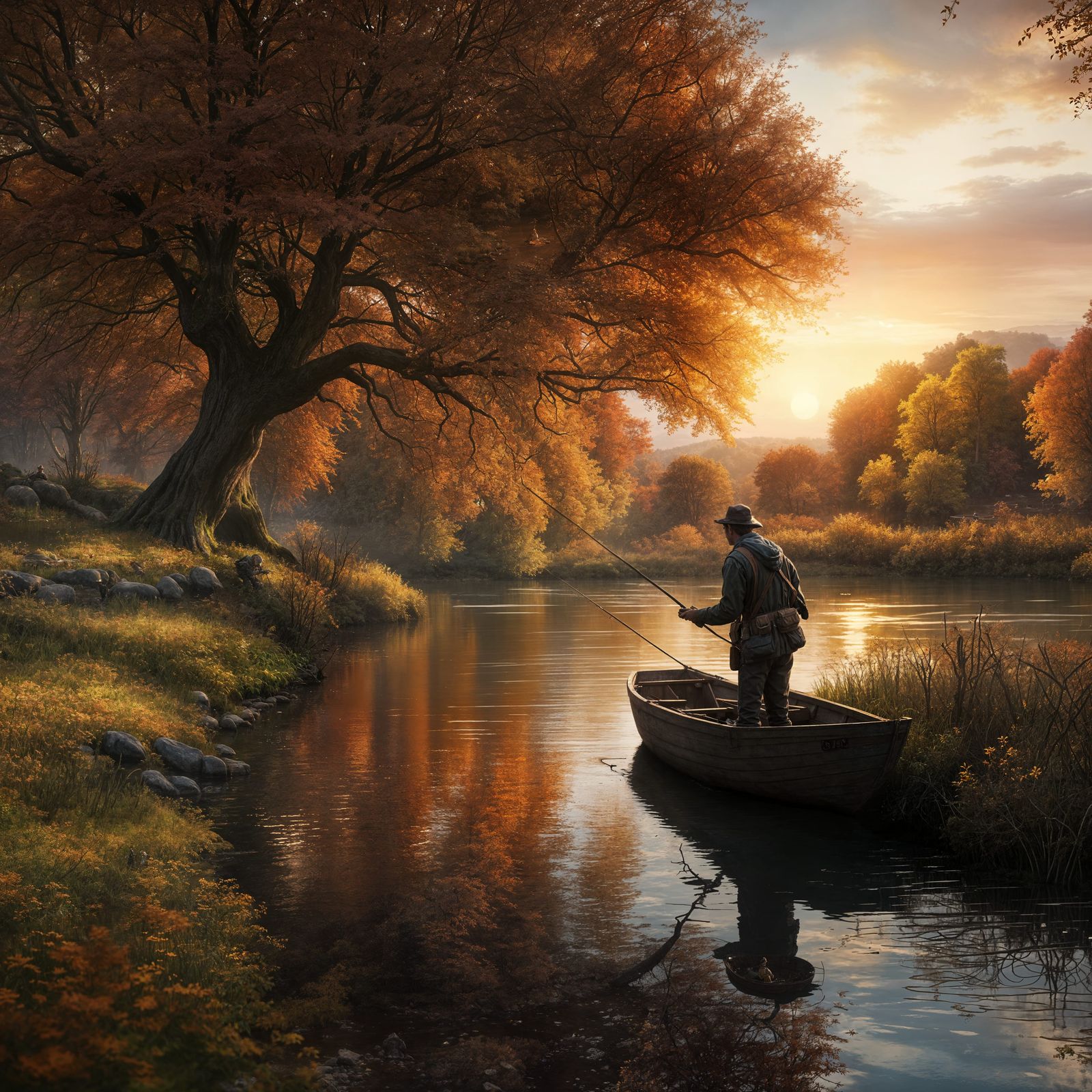 Autumn Sunset: Fisherman in English Countryside