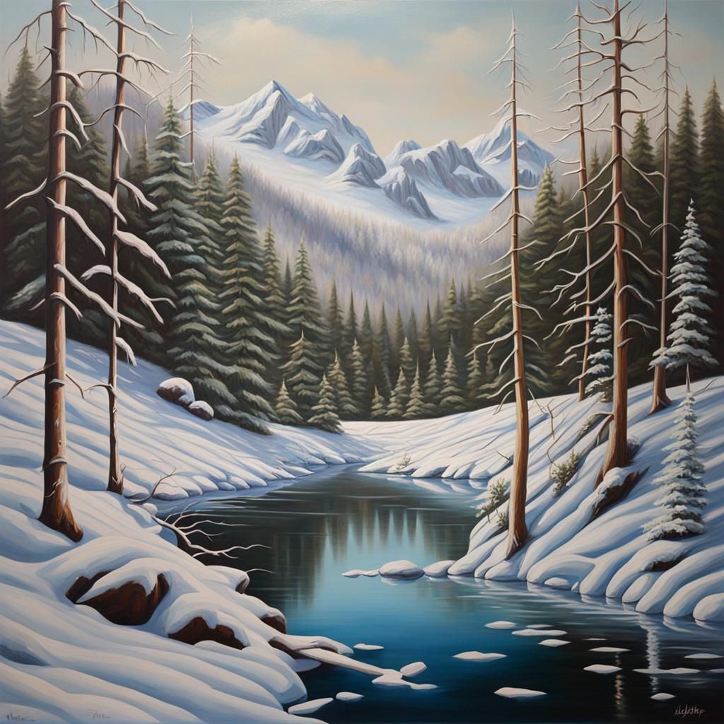 Frozen Lake in Winter Alpine Forest: Hyperrealistic Oil Pain...