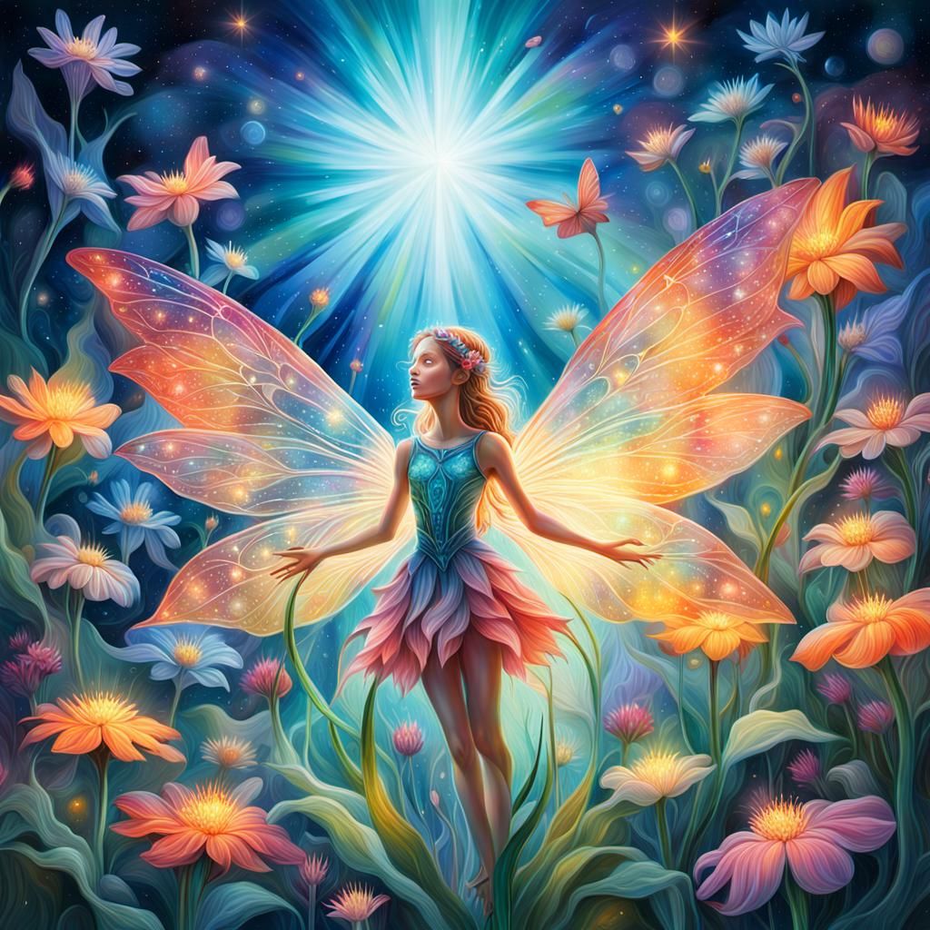 Glass Fairy in Cosmic Meadow: Dreamy Illustration