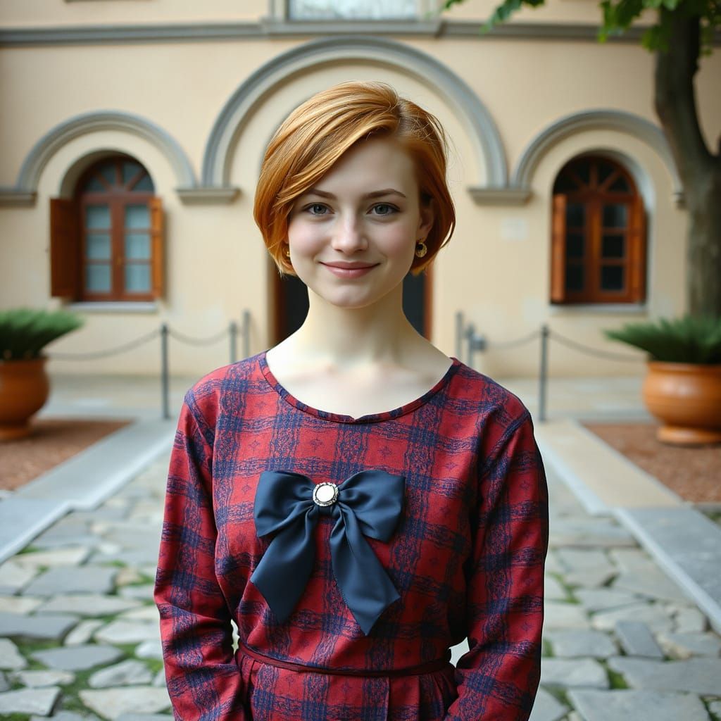 Young Woman in Red and Blue Dress Stands on Stone Path with ...