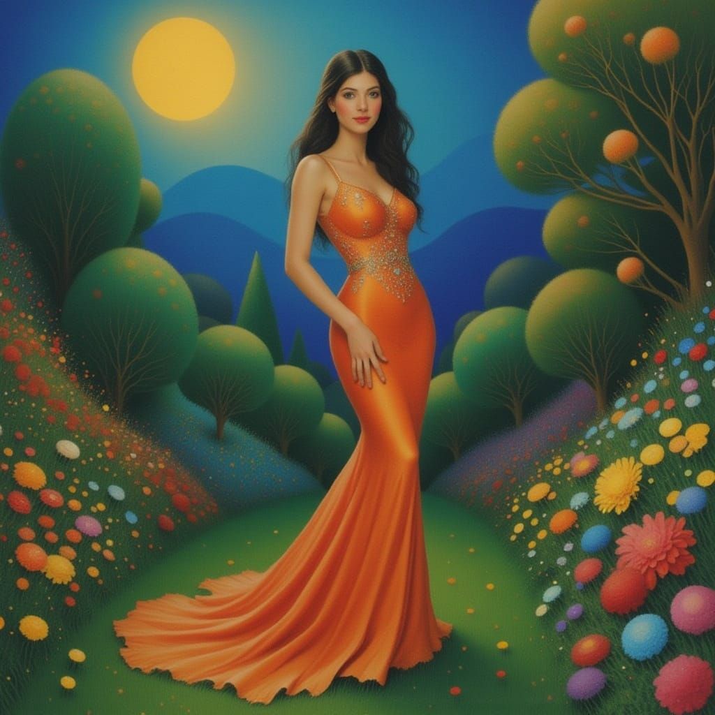 Ethereal Woman in Moonlit Garden, Botanical Illustration Sty...