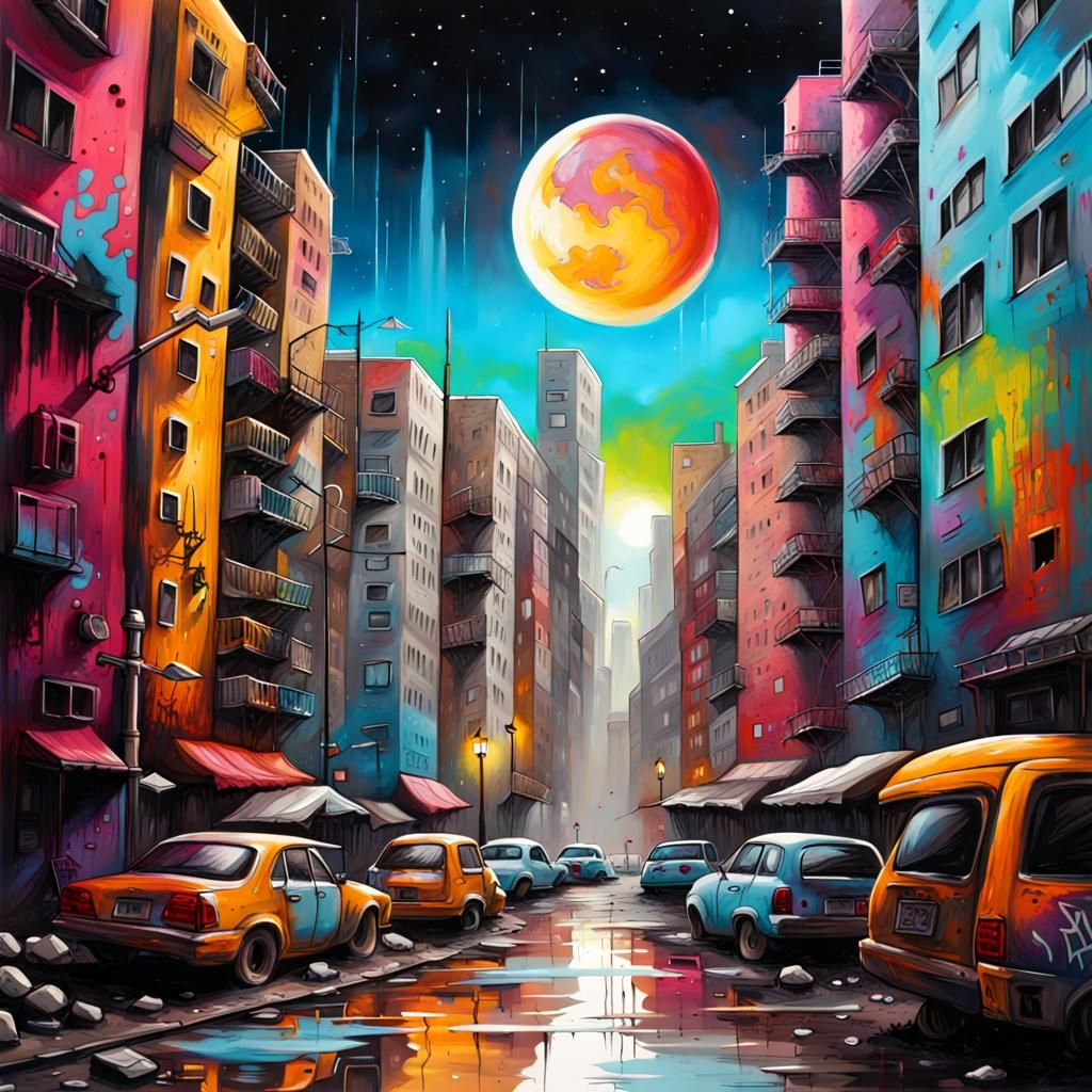 Colorful Lunar City in Graffiti Art Style