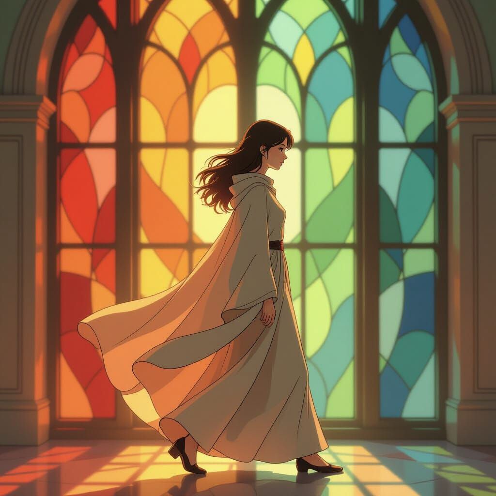 Woman in Cloak by Stained Glass Window