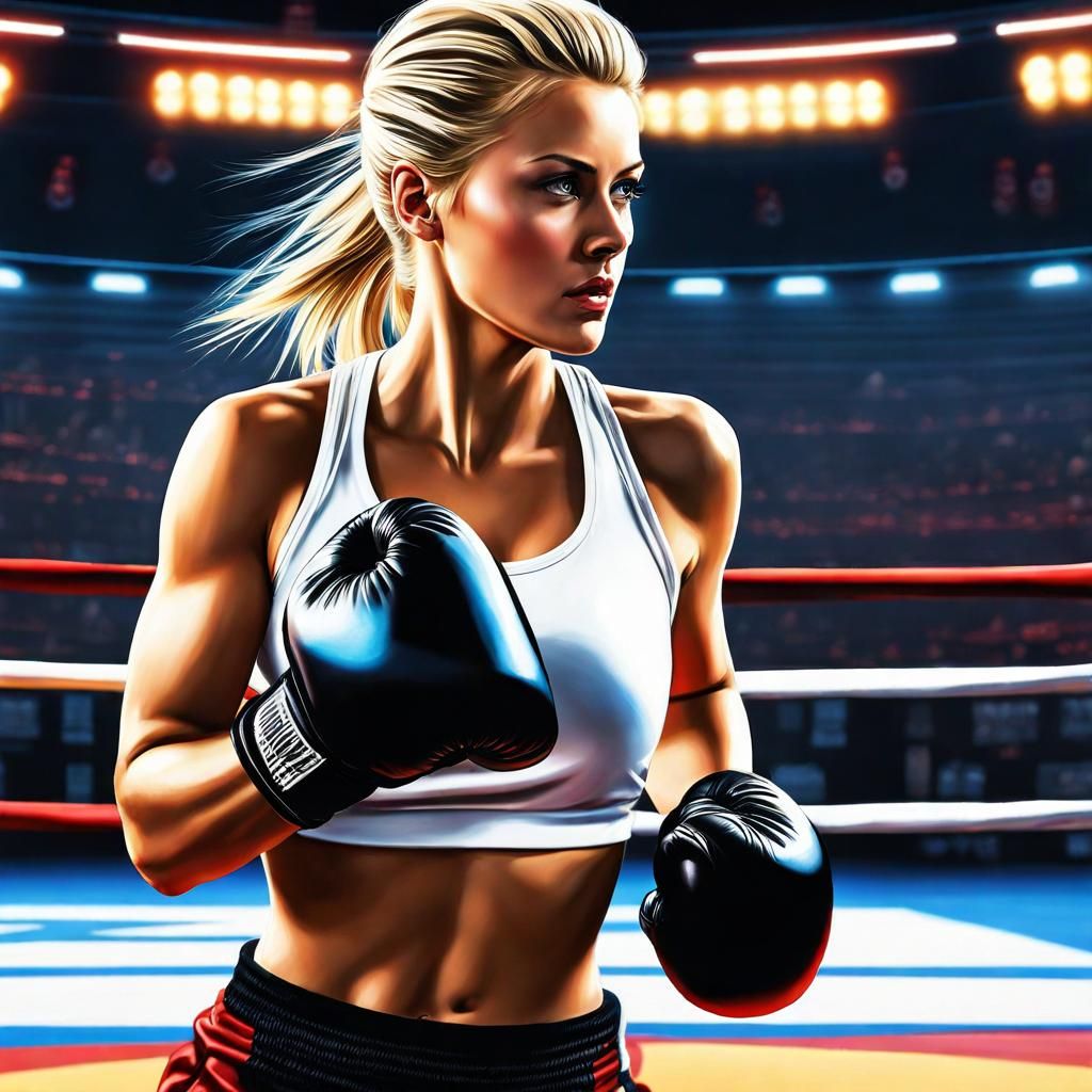 Hyperrealistic Action Painting: Blonde Boxer in Ring