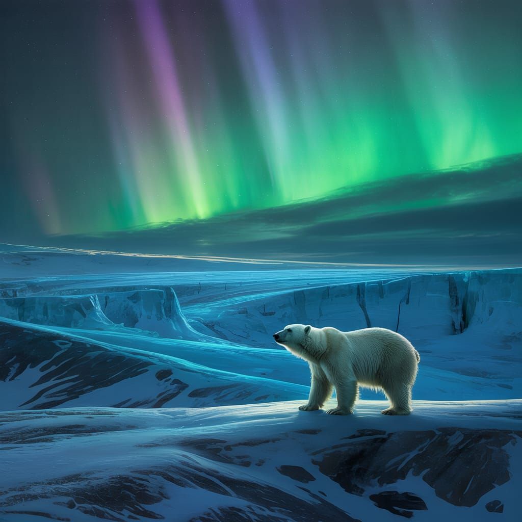 Polar Bear Under Aurora Borealis in Icy Tundra