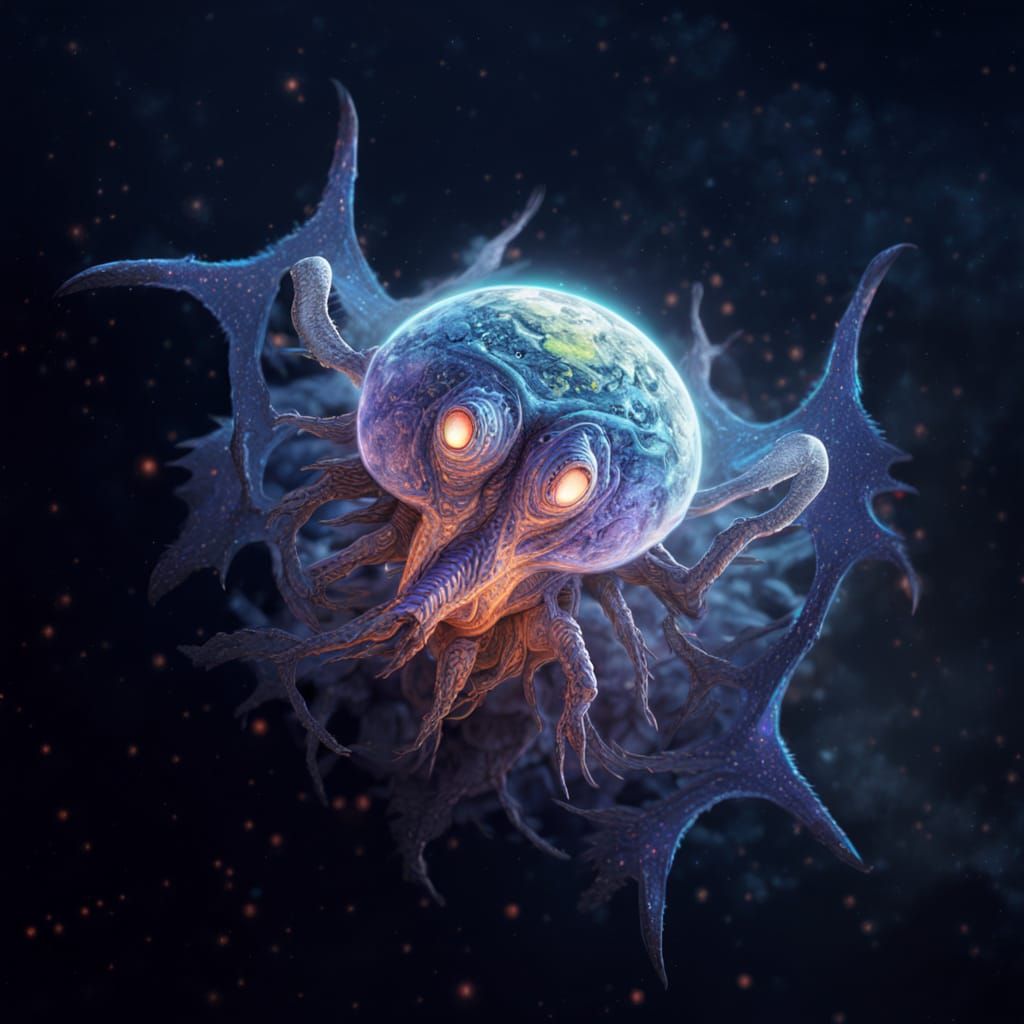 Cosmic Alien with Iridescent Wings in Neon Galaxy