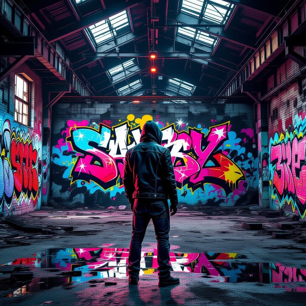 Cyberpunk Graffiti Mural in Abandoned Factory