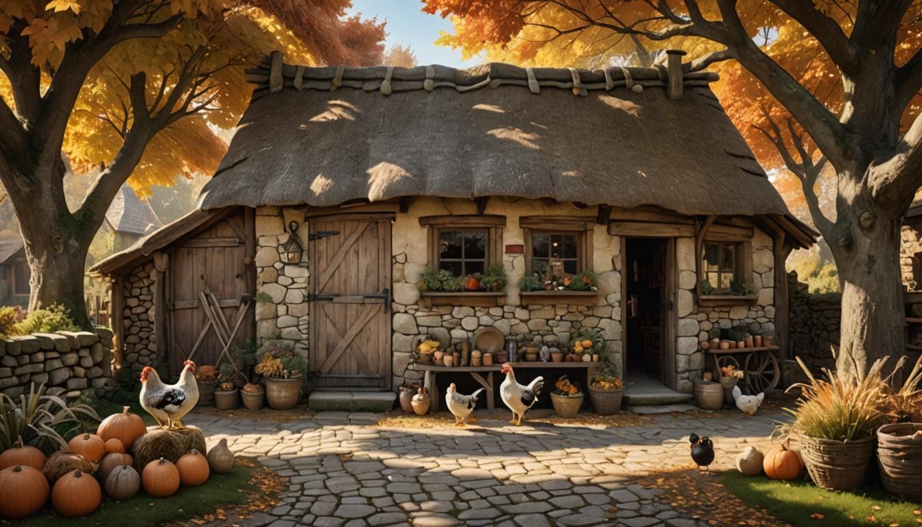 Rustic Fantasy Shop with Chickens: Autumnal Village Scene