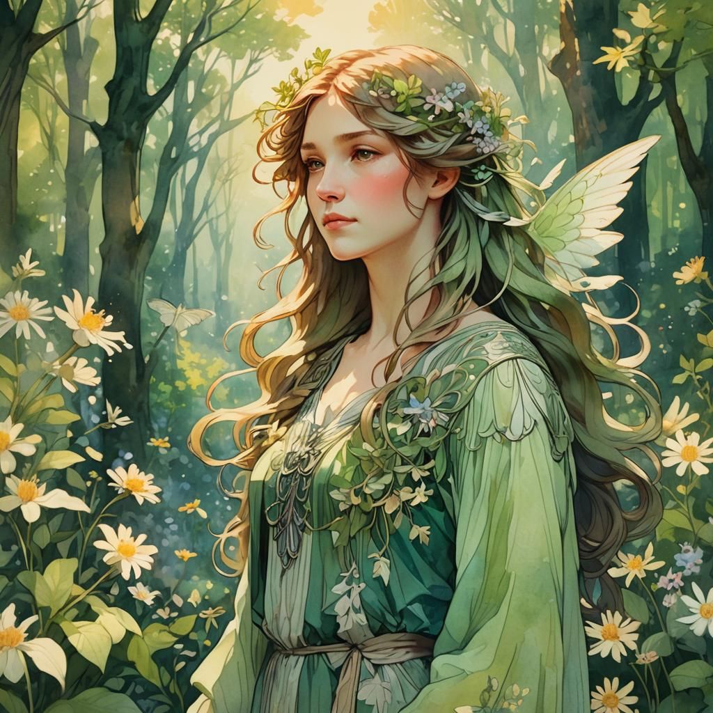 Ethereal Forest Scene in Art Nouveau Style