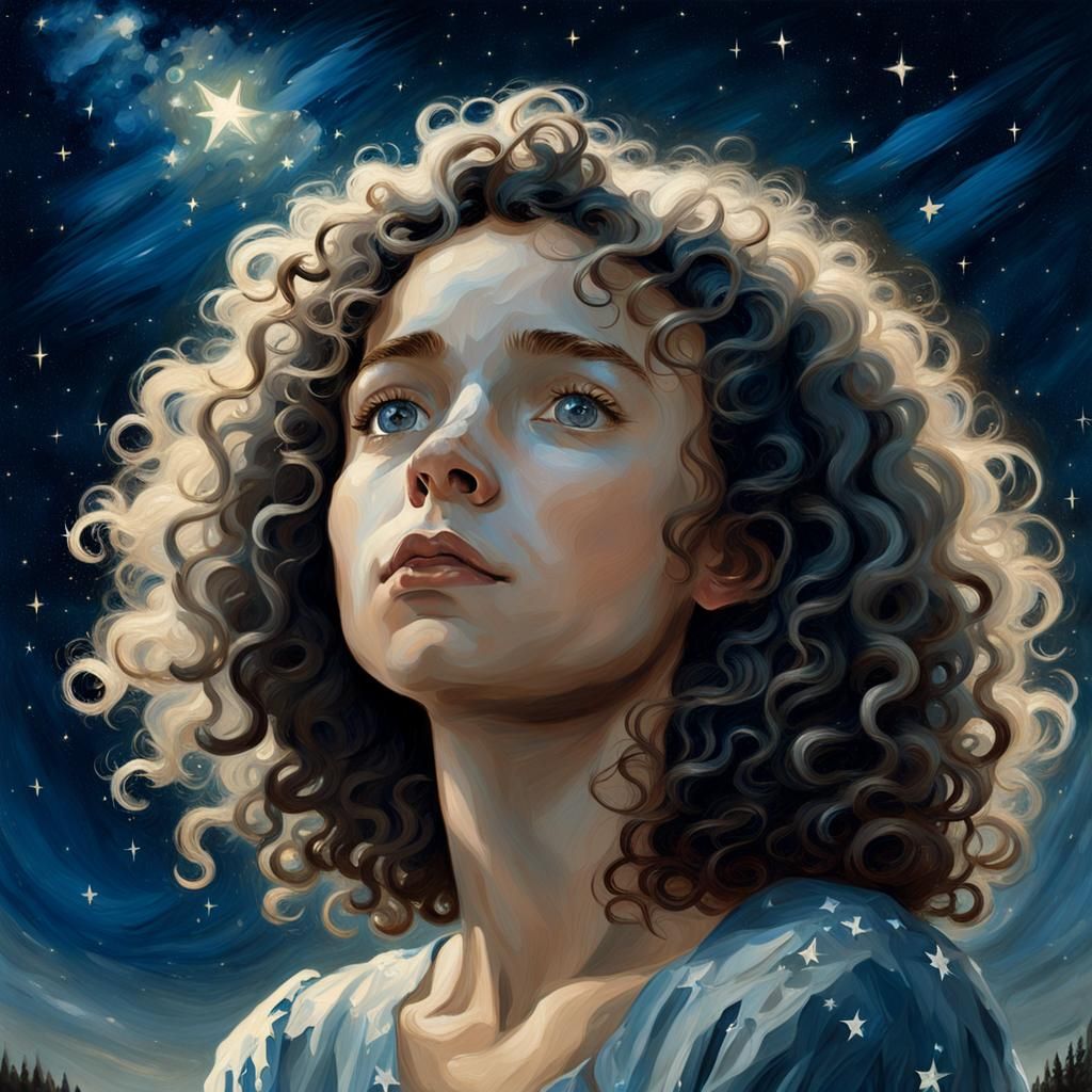 Woman Gazing at Stars in Dreamy Oil Painting