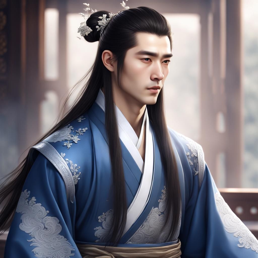 Handsome Man in Embroidered Hanfu, 3D Rendering