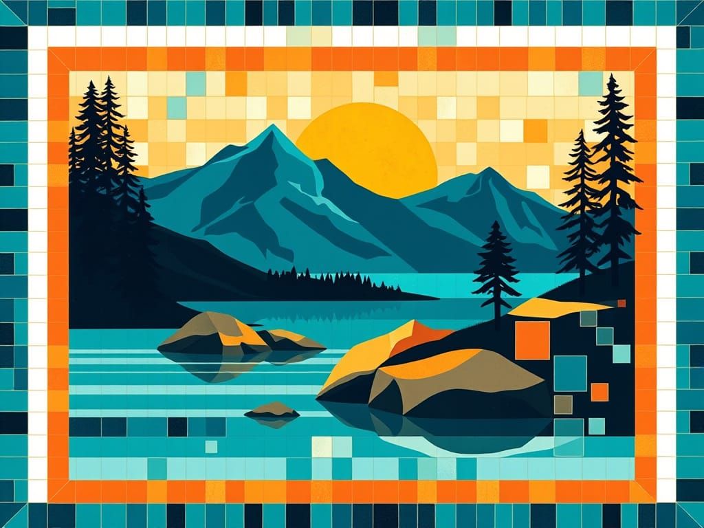 Geometric Sunset Lake Landscape in Vibrant Mosaic Colors