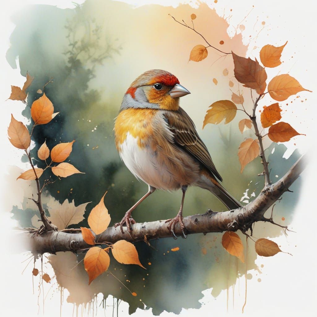 Autumn Finch in Vibrant, Watercolor-Inspired Art