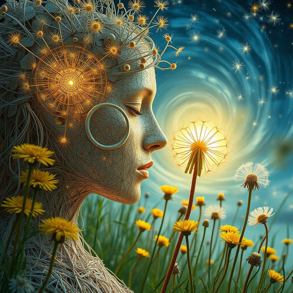 Woman of Strings Kissing Sun: Eco-Art Portrait