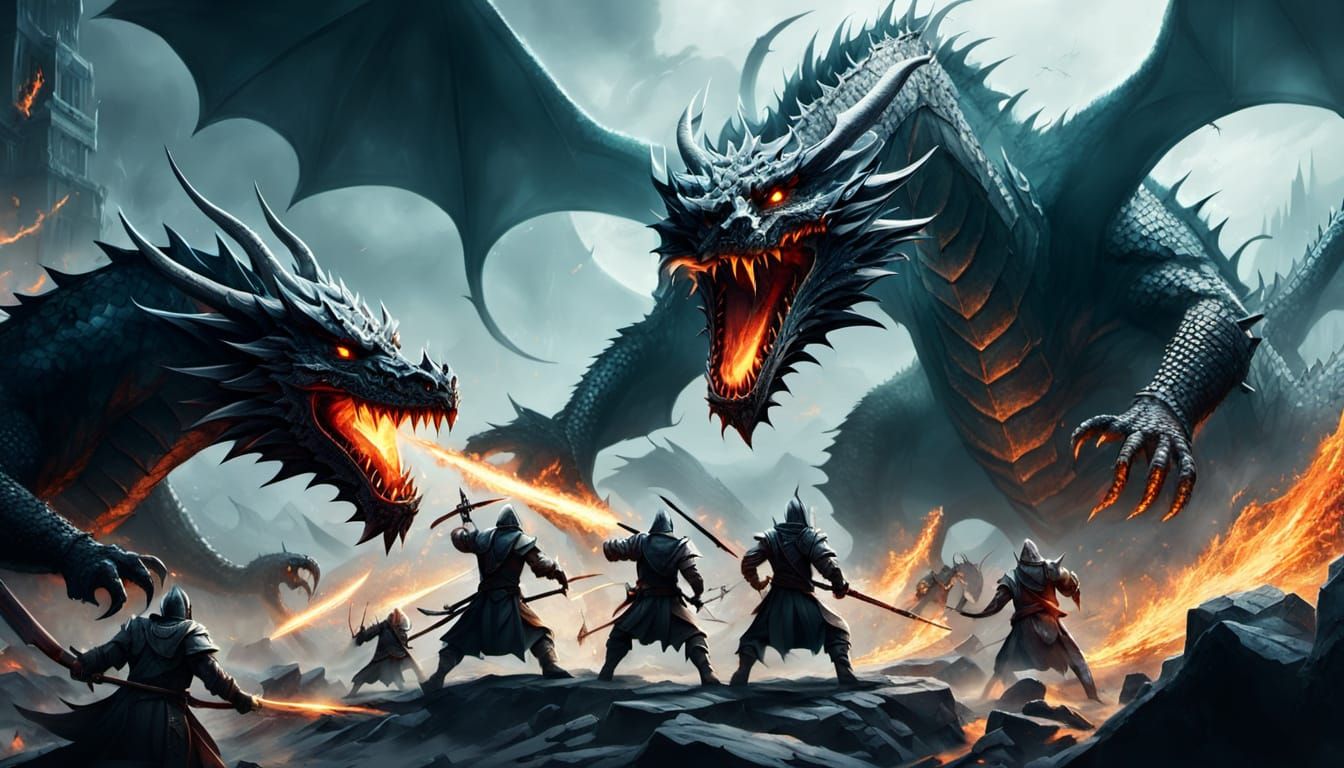 Dark Fantasy Dragons Defend Against Warriors in Epic Battle ...