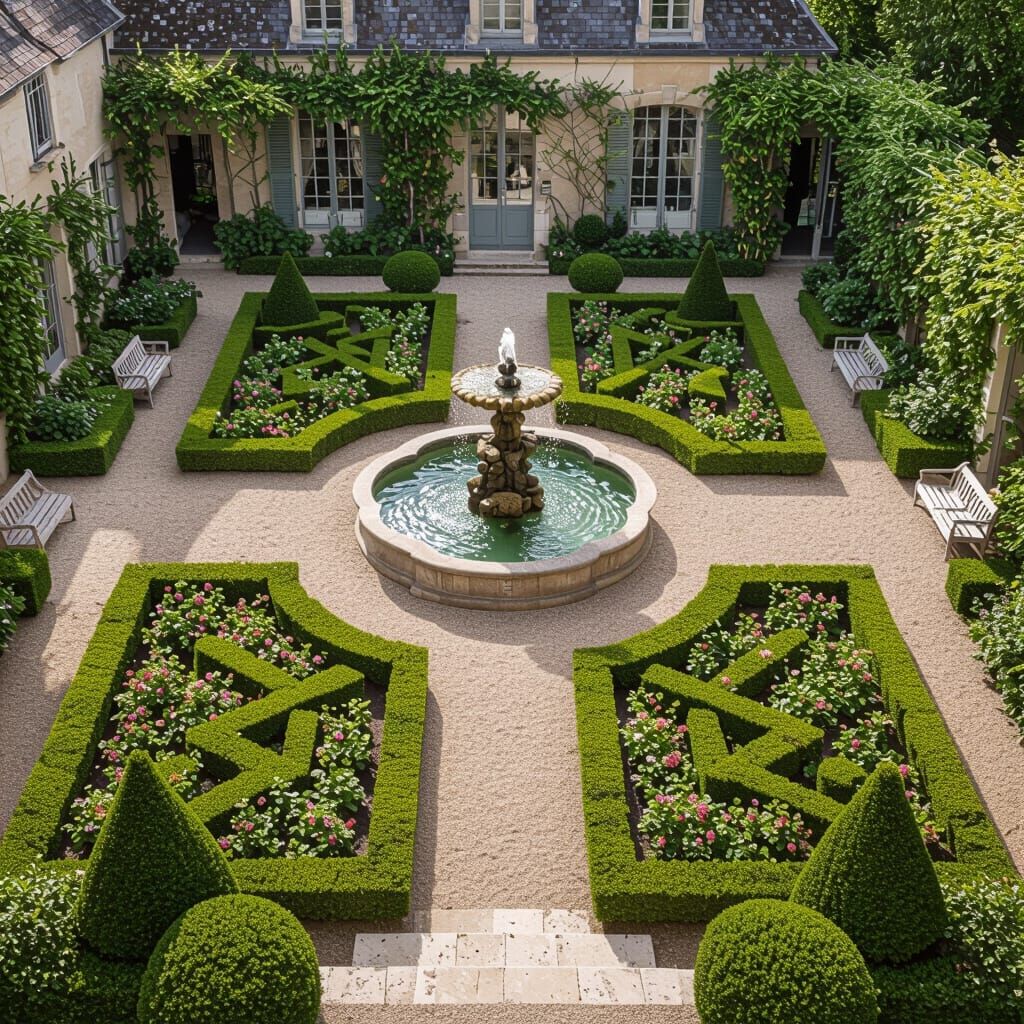 French Garden With Central Fountain, Aerial View