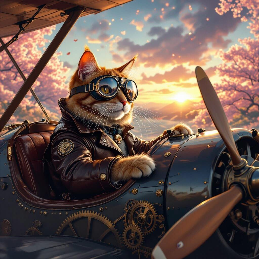 Ginger Cat Pilot Flies Biplane Through Cosmic Dreamscape