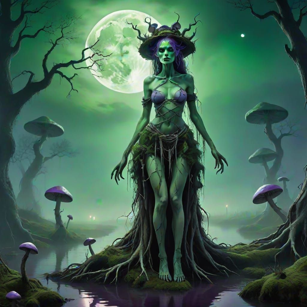 Eerie Swamp Woman Under Green Moon, Dark Fantasy Art