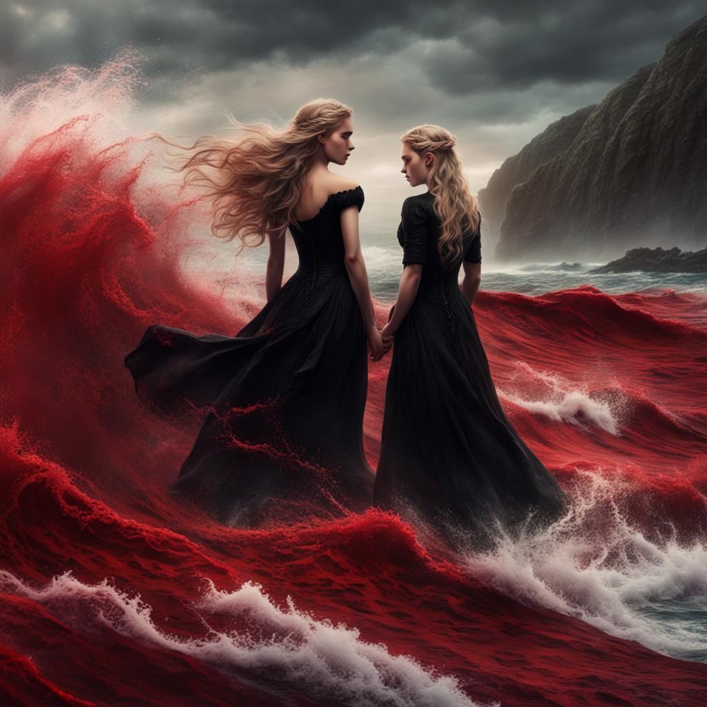 Blood Red Ocean Scene with Two Women