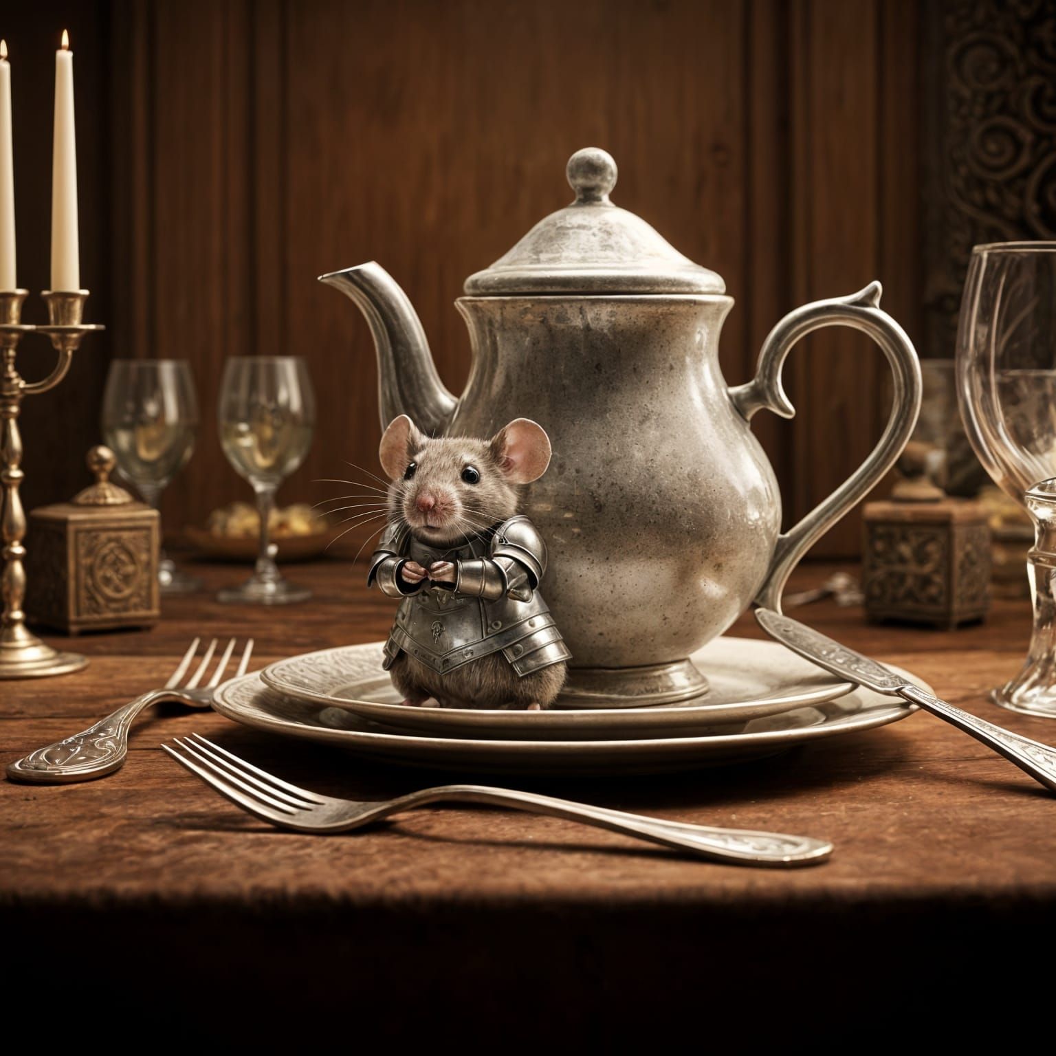 Scared Mouse in Armor Hides Behind Giant Teapot