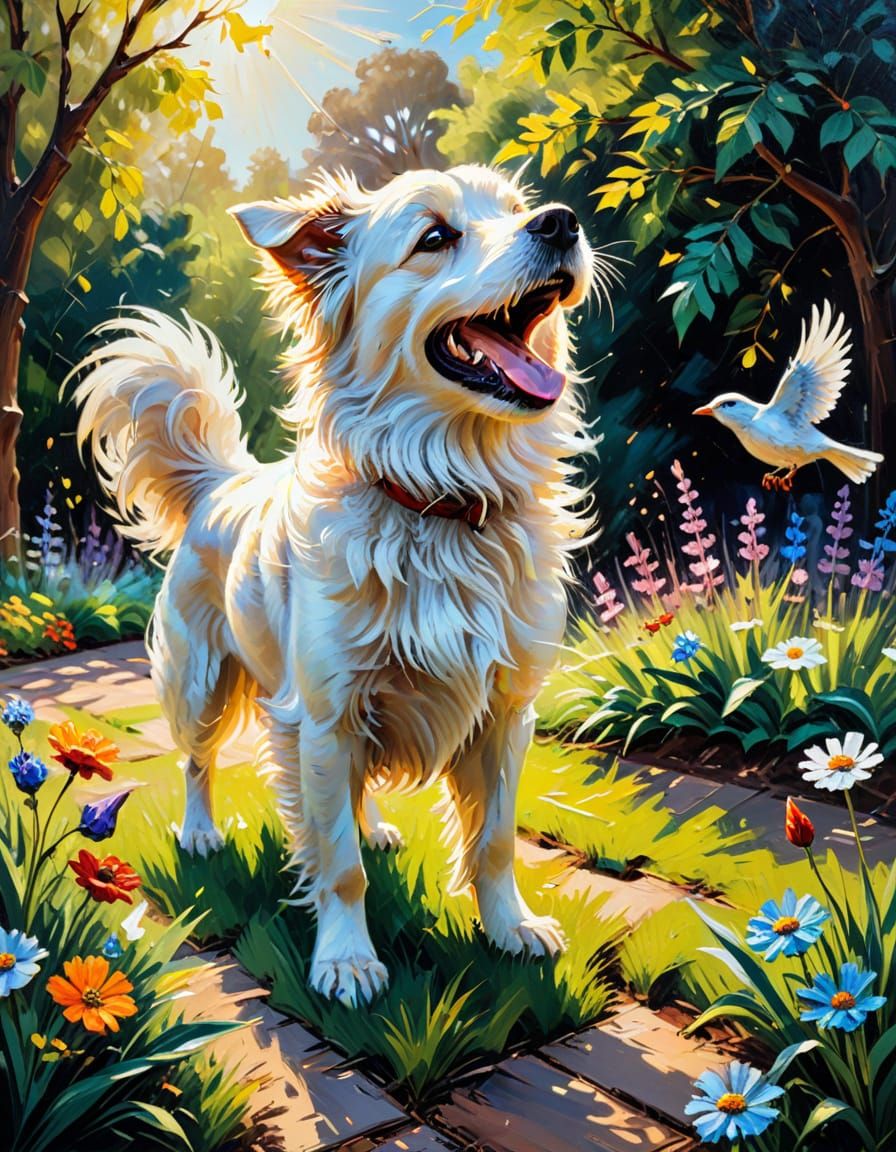 Fluffy Dog Barking in Garden as Impasto Painting